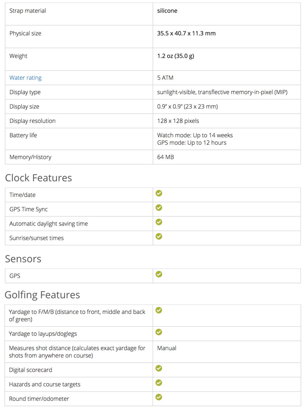 garmin approach s10 gps Golf Watch Specifications